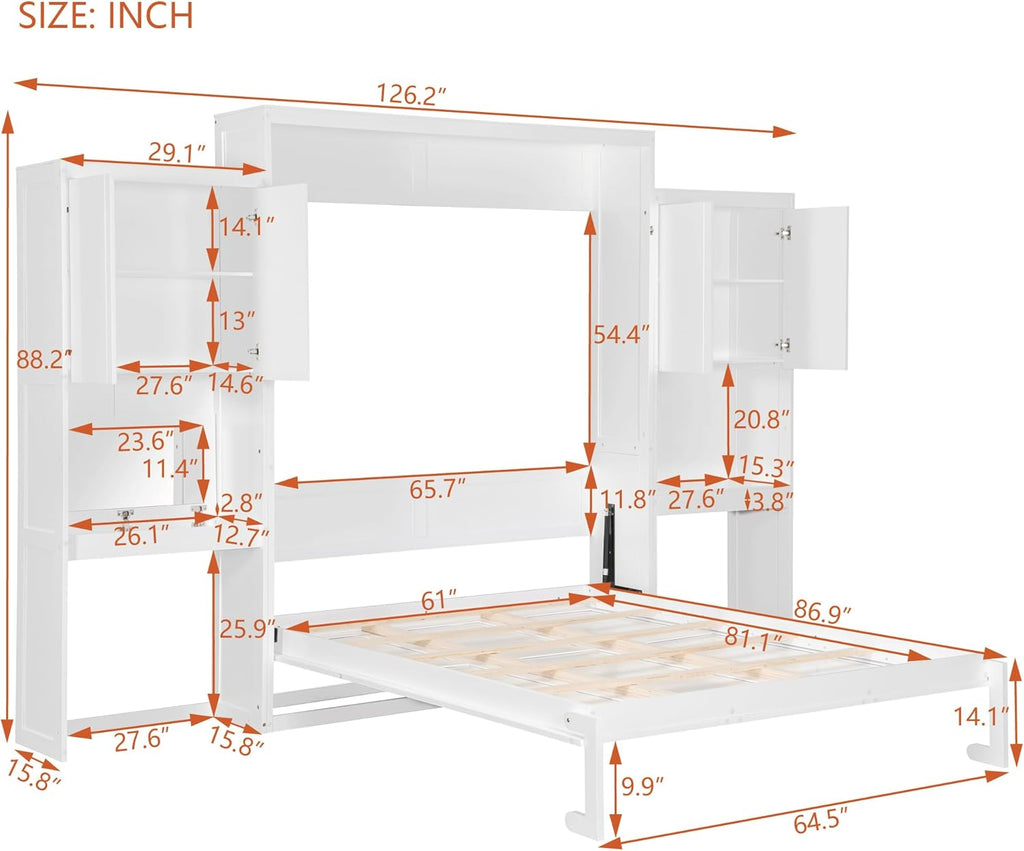 Queen Murphy Bed with Desk, Storage Cabinets, Vanity and Mirror