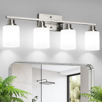 Bathroom Light Fixtures, 4-Light Vanity Light Over Mirror, Brushed Nickel Wall Sconces with Milky White Frosted Glass