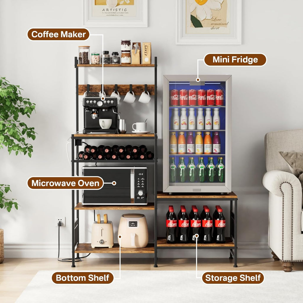 Kitchen Shelf Bakers Rack with Power Outlet, Mini Fridge and Microwave Stand Coffee Bar Table with S-Hooks, Storage