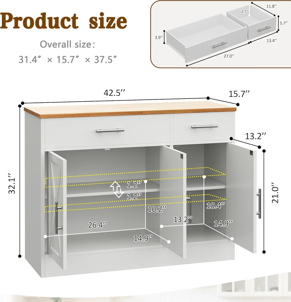 43” Sideboard Buffet Cabinet with Storage, Farmhouse Coffee Bar with Drawers and Shelves