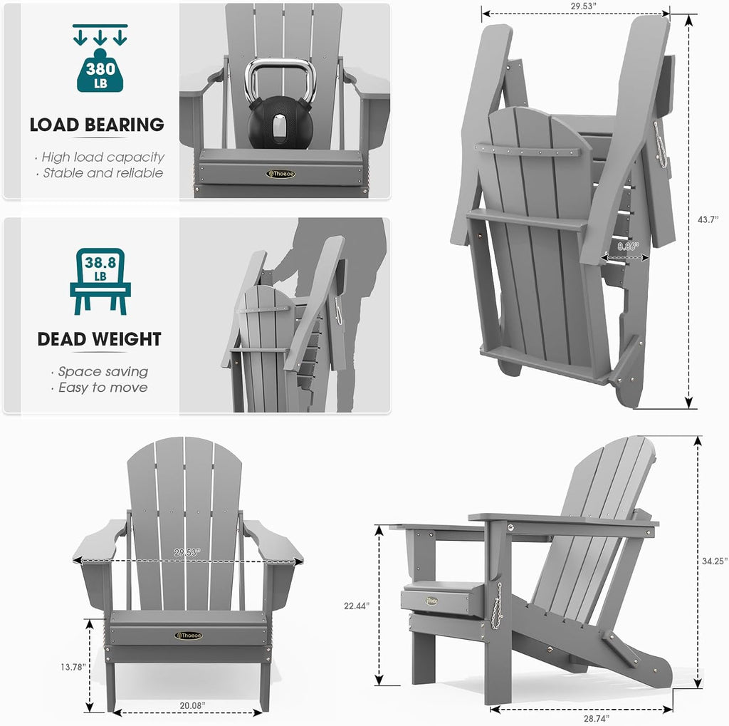 Folding Adirondack Chair Set of 2, HDPE All-Weather Outdoor Chair | Fire Pit Chair, Plastic Patio Chair for Deck, for