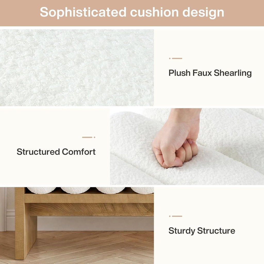 59'' Wooden Entryway Bench with Boucle Cushion, Upholstered Fabric End of Bed Bench, Aesthetic Large Oval Ottoman