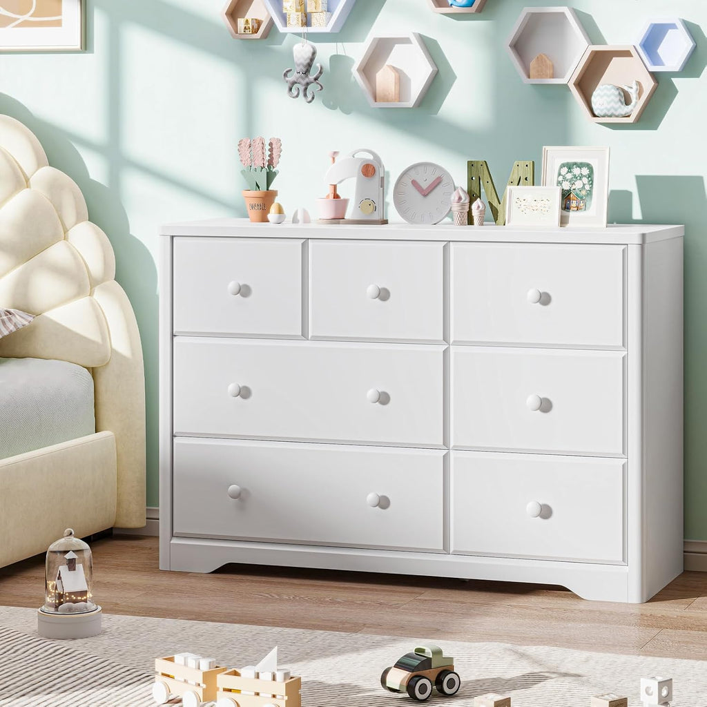7 Drawers Dresser Cabinet, Kids & Nursery Storage Chest, Multi-Functional Wood Large Chest of Drawers, White Dresser