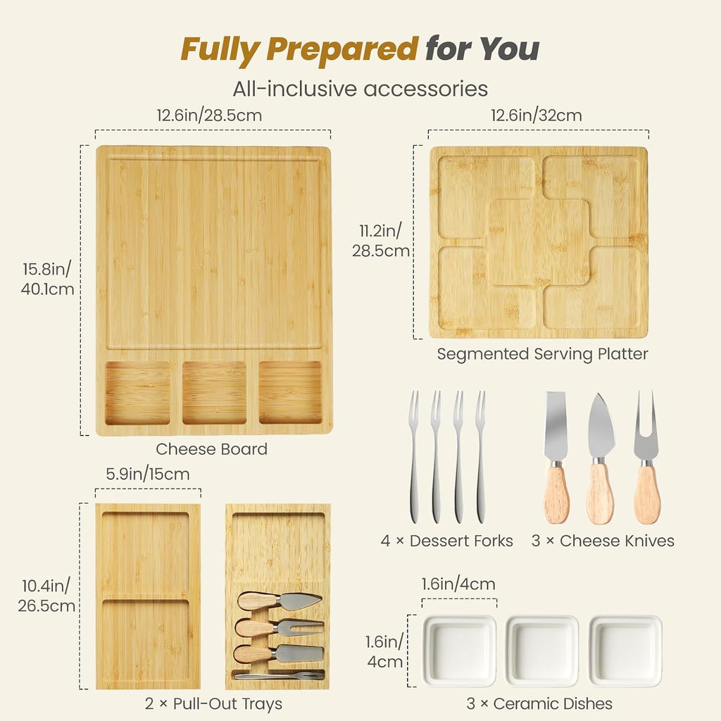 Large Bamboo Charcuterie Board, Double Pull-Out Trays Set, Natural | 15.8"x12.6" Cheese Board with Dual Pull-Out