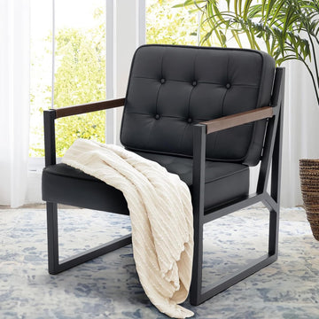 Black Leather Accent Chair, Accent Arm Chair, Comfy Armchair with Metal Legs Bedroom Reception Waiting Room