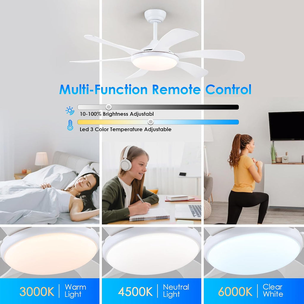 White Ceiling Fan with Lights and Remote - 46" Modern Indoor Ceiling Fan Light Low Profile, Dimmable, Reversible Quiet Motor and Timing, Outdoor Ceiling Light for Covered Patios
