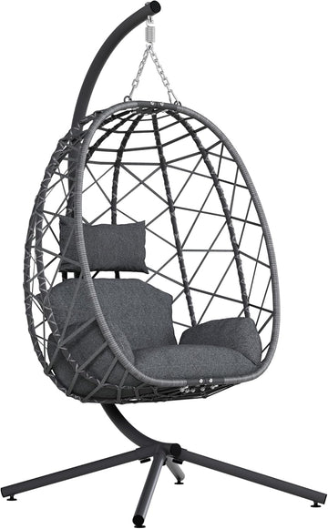Hanging Egg Chair with Stand, Outdoor Indoor Rattan Wicker Egg Swing Chair with Cushion, Heavy Duty Patio Hammock