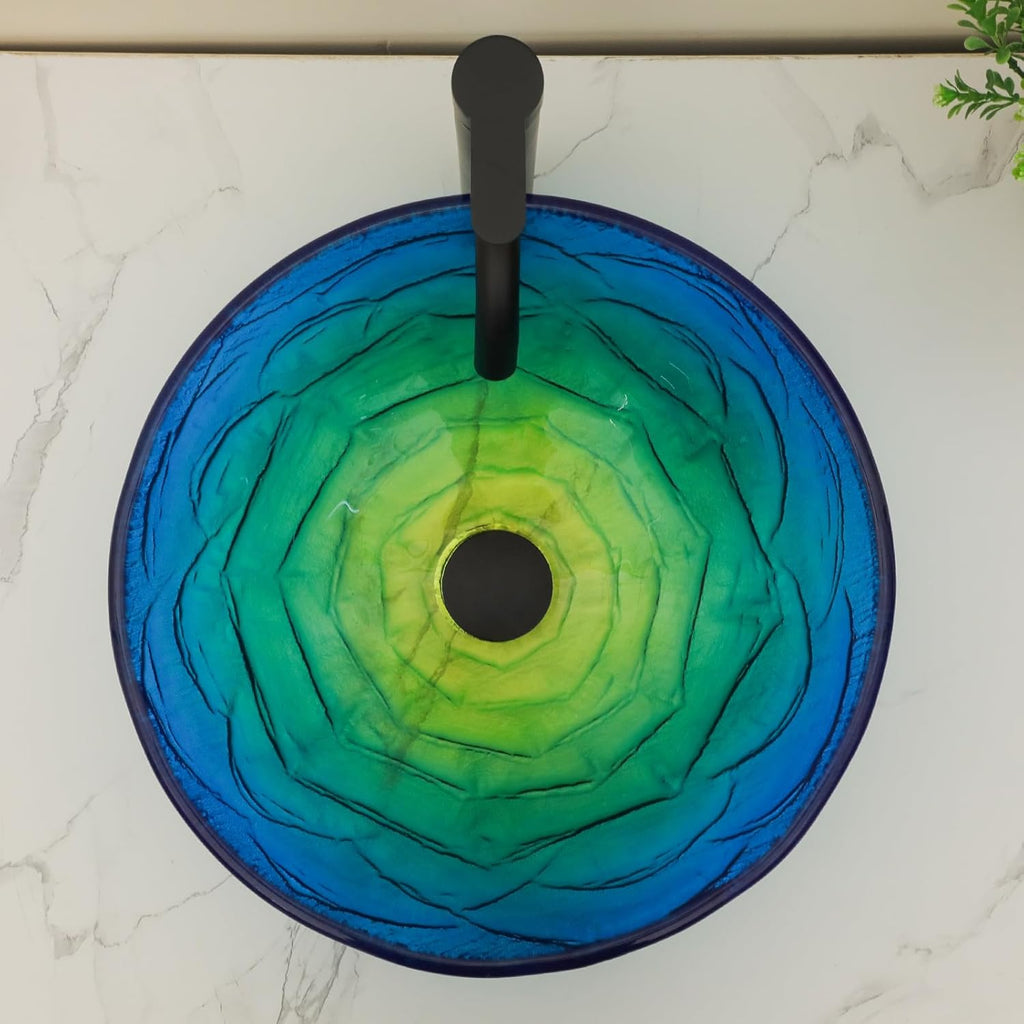 Kichae Round Glass Vessel Sink - 16" x 16" Tempered Glass Bathroom Vessel Sink for Bathroom Vanity