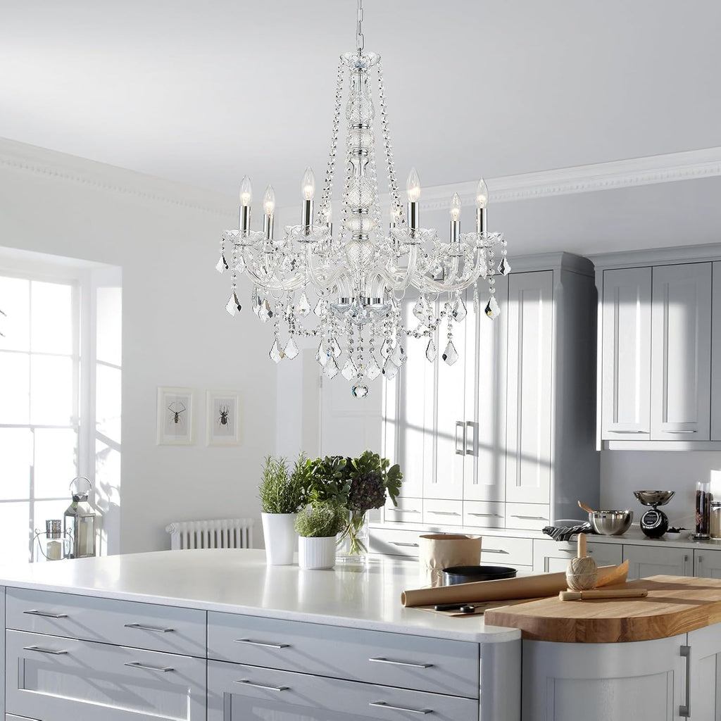 8-Light Chrome Crystal Candle Chandelier - Modern Pendant Ceiling Light, 27.6" W x 35.4" H