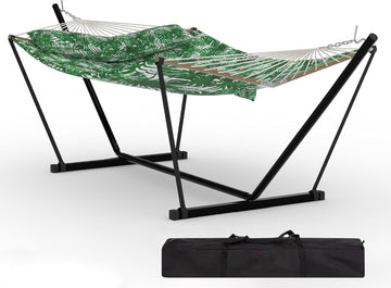 2 Person Outdoor Hammock with Stand, Green Banana Leaf Color | 450 LBS Heavy Duty Anti-Tipping Frame with Balance