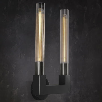Inspired Cannele Style Modern Black Wall Sconces,19 Inch Double Bathroom Wall Sconce with Clear Glass Tube,Indoor 2-Light Vanity Mirror Wall Lights, for Bathroom,Living Room, Bedroom, Hallway, Entryway,Fireplace, Staircase