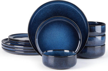 Dinnerware Sets for 4, 12-Piece Stoneware Plates and Bowls Set, Ceramic Dishes Reactive Glaze Dinning Ware