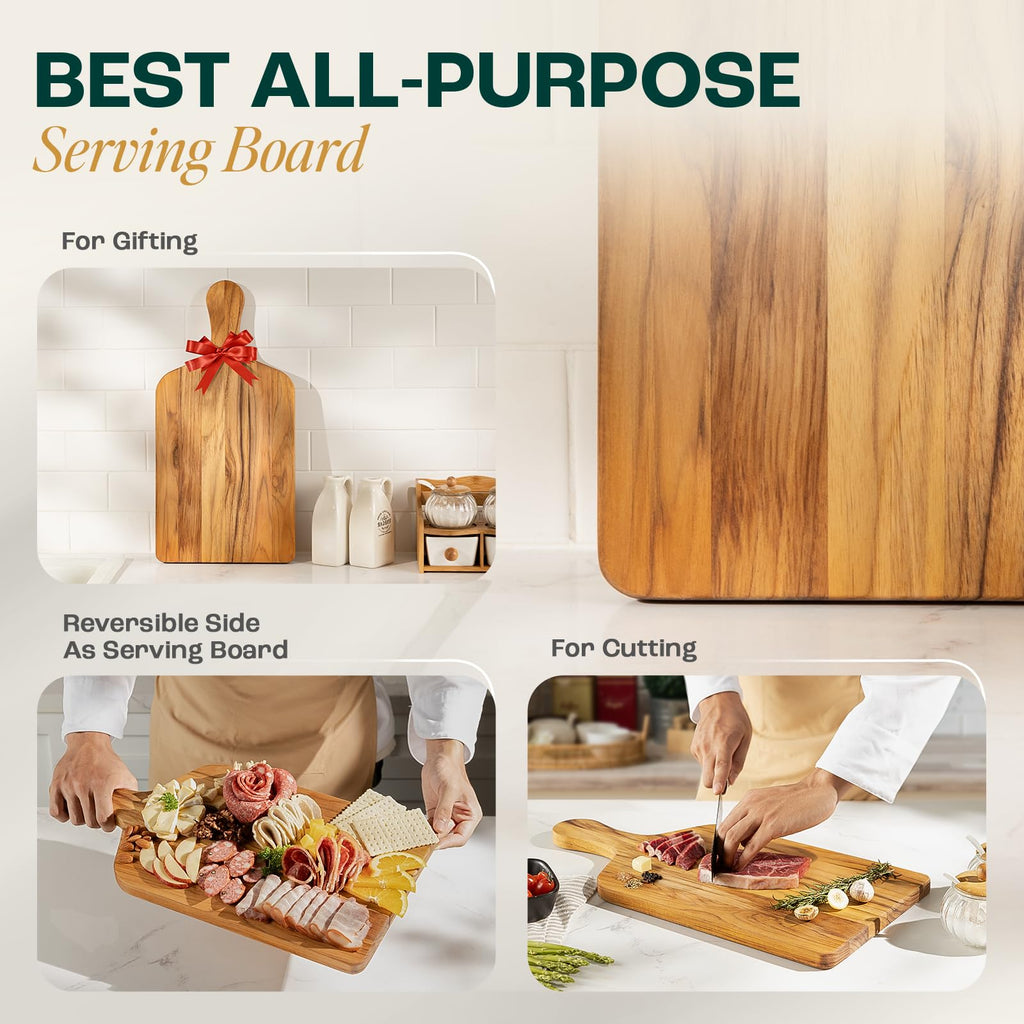 Teak Cutting Boards, [20''Lx10''Wx0.75"] Ergonomic Handle Serving Board, Pre-Oiled Teak Wood Charcuterie Board