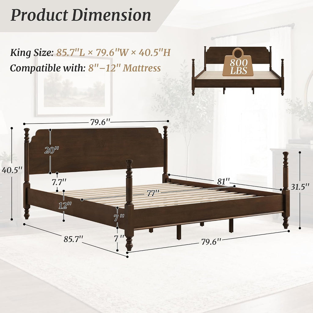 Solid Wood Spindle Post Bed Frame King with Headboard, Traditional Wooden Platform Bed, 13 Wood Slat Support, No Box