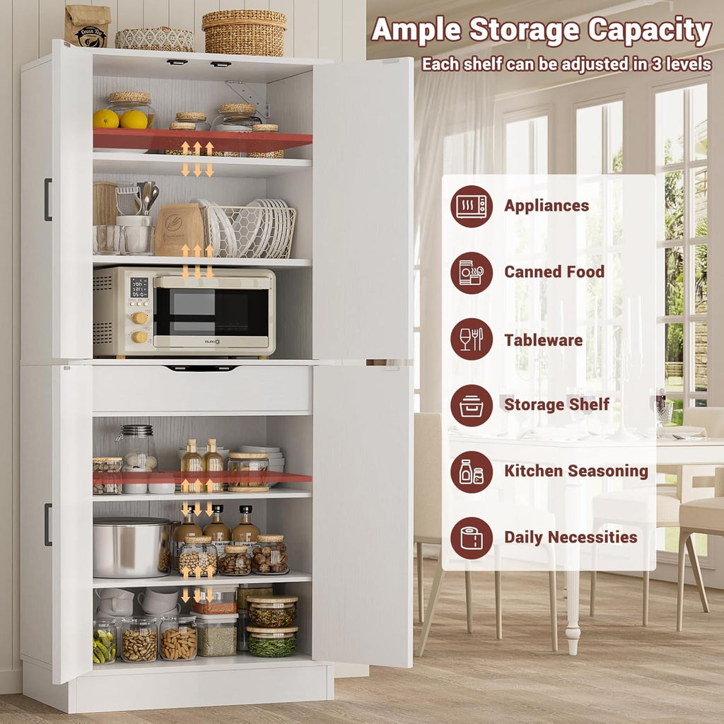 71" Tall Kitchen Pantry Storage Cabinet with Farmhouse Barn Doors and Storage Drawer, 4 Adjustable Shelves