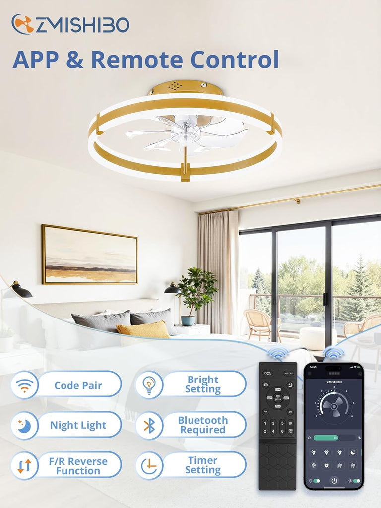 Ceiling Fans with Lights and Remote, 19.7'' Low Profile Ceiling Fan, 3000-6000K Dimmable Modern Flush Mount LED Fan Light, 6 Wind Speeds, Gold Fandelier Ceiling Fans for Bedroom