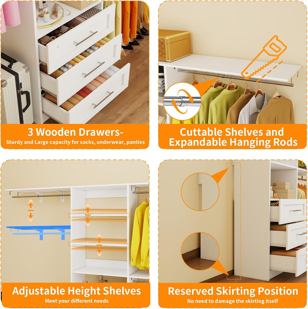Closet System with 3 Wood Drawers, 5-8FT Closet Organizer System with Cuttable Shelves for Walk in Closet with 3