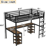 Twin XL Size Loft Bed with Desk and Shelves, Metal Twin XL loft bedframe with L Desk and 6 Storage Shelves, Black
