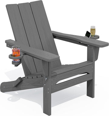 HDPE Modern Folding Adirondack Chair with Dual Cup Holder, Gray | Outdoor All-Weather Lawn Adirondack Chairs Wood