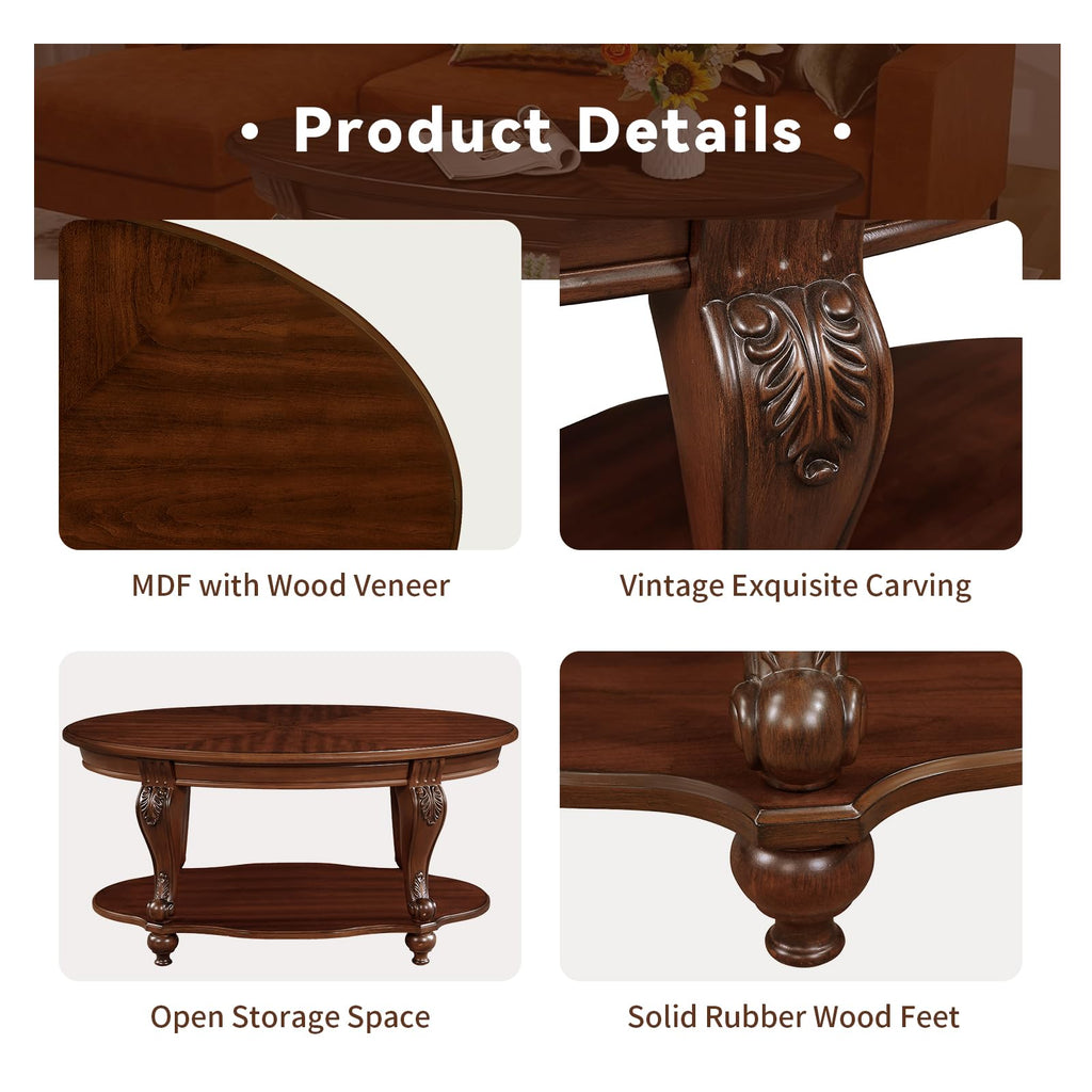 42" Vintage Oval Coffee Table, 2 Tier with Storage Shelf, Cherry