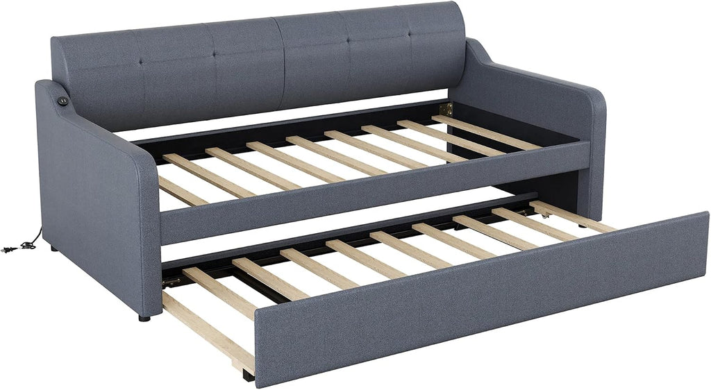 Twin Size Upholstered Daybed with Pop up Trundle,Line Day Bed Frame with Charging Station,Twin to King Daybed, Tufted