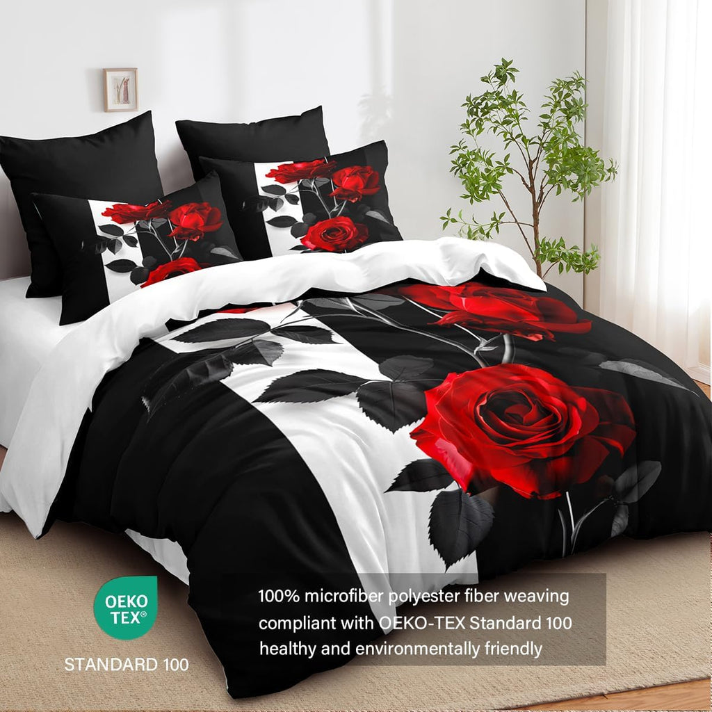 Rose Comforter Set Black Red Bedding Set Striped Floral Bedding for Women Aesthetic Comforter with 2 Pillowcases