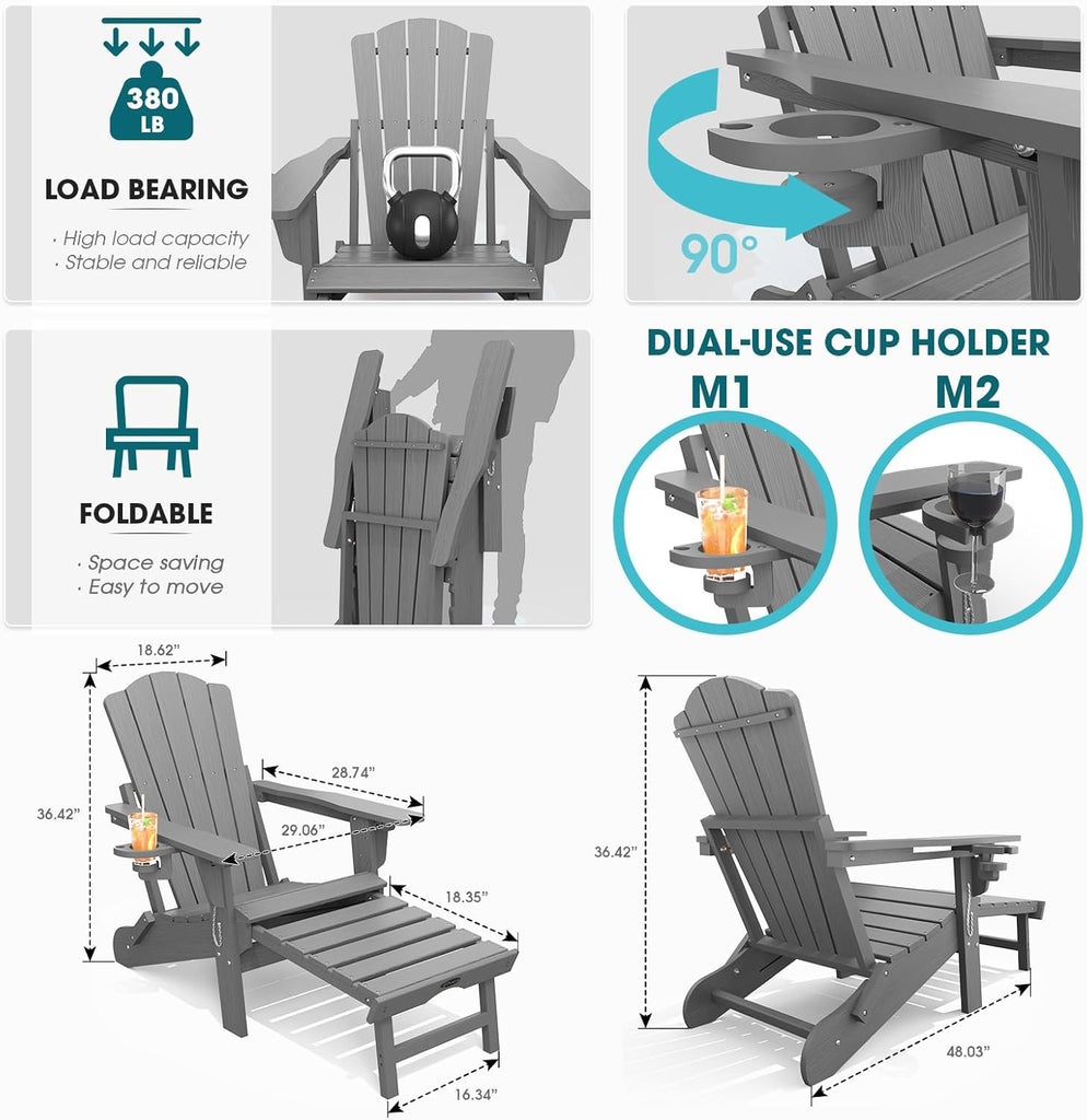 Folding Adirondack Chairs, Outdoor Patio Fire Pit Chairs | Adjustable HDPE Chairs with Footrest, Retractable Ottoman