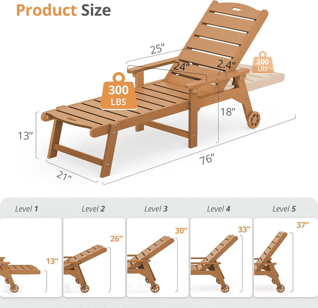 Outdoor Chaise Lounge, 5‐Position, 2‐Pack, Teak Color | HDPS Oversized Lounge Chair with Armrest, Fade & Crack