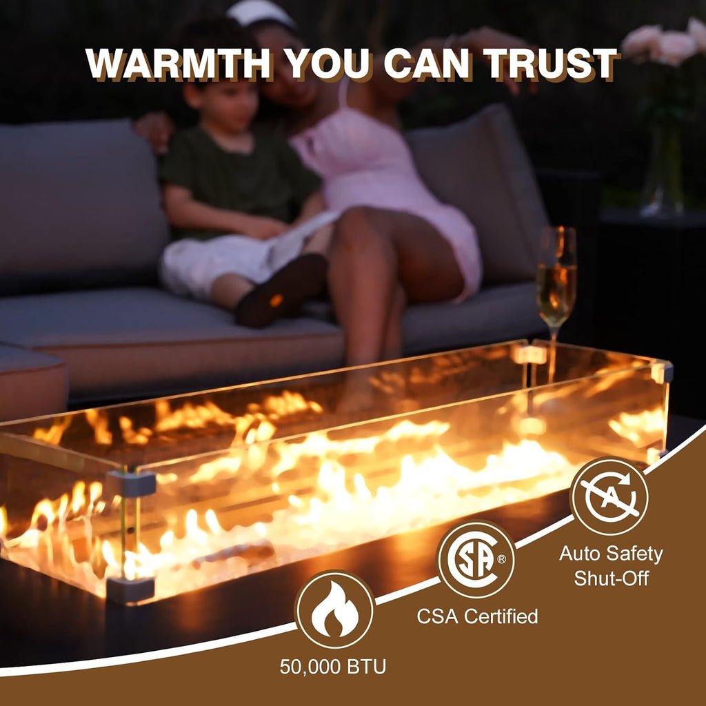 2-Piece Outdoor Propane Fire Pit Table Set - Premium Marble-Like MgO Finish, 56-Inch Gas Fire Table with Glass Wind