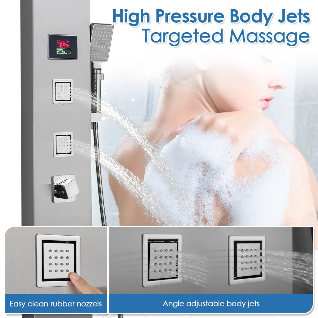 Shower Panel Tower With Led Lights & Digital Display, Water Powered