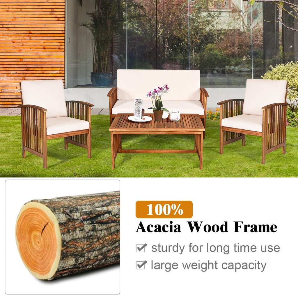 Outdoor 4 Pcs Acacia Wood Sofa Set w/Water Resistant Cushions, Padded Patio Seating Chat Set w/Coffee Table for