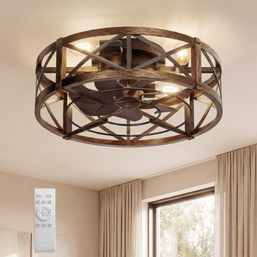 Caged Ceiling Fan with Light and Remote, 20" Low Profile Flush Mount Ceiling Fans with Light, 6 Speed, Timing