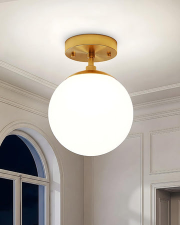 Semi Flush Mount Ceiling Light 8" Globe Mid Century Modern Light Fixture Milk Glass with Gold Brass Finish Light