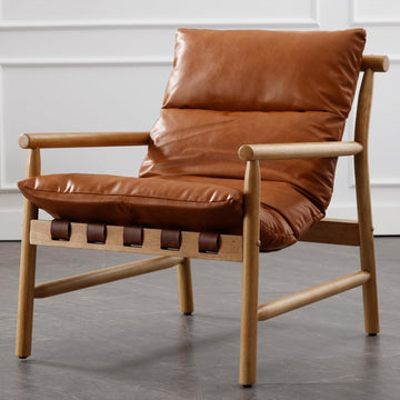 Faux Leather Accent Chair Mid Century Modern Living Room Chairs Comfy Arm Chair with Solid Wood Frame Upholstered