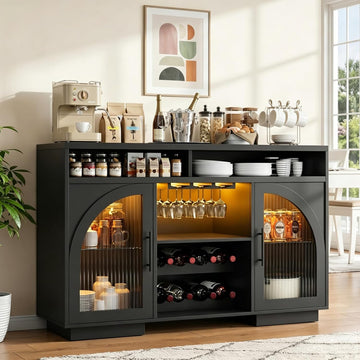 54" Coffee Bar Cabinet with Storage, LED Lights and Arched Glass Doors | Black Wine Bar Cabinet with Wine Rack and