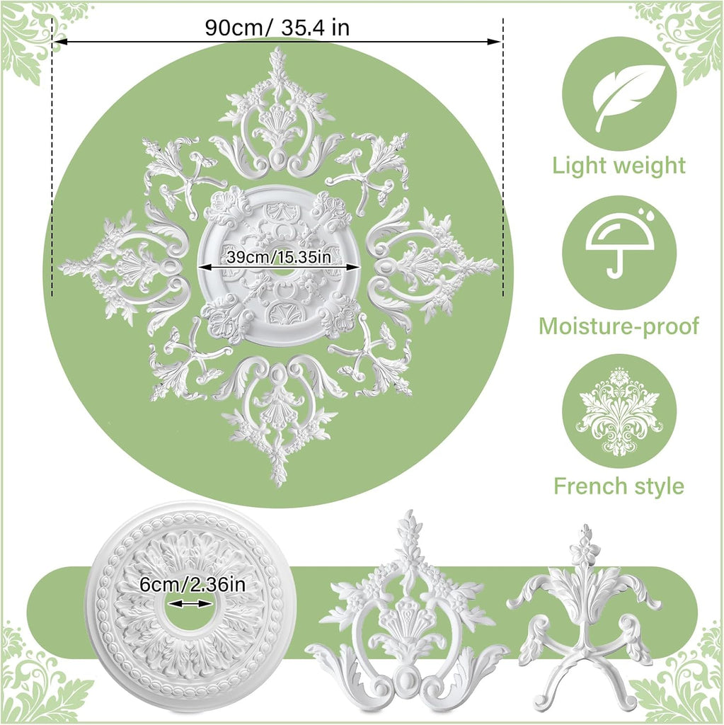 35.4'' Large PU Ceiling Medallion Combination Decorative 2.36'' ID French Style Chandelier Base Ceiling Medallion for Light Fixtures Victorian Rosette Light Covers for Chandeliers(Fresh)