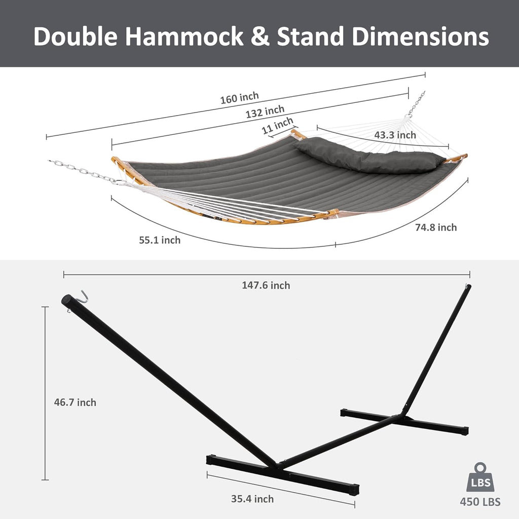 Double Portable Hammock with Stand, 2 Person Hammock with Curved Spreader Bar, Balance Ropes Included, Dark Gray | 2