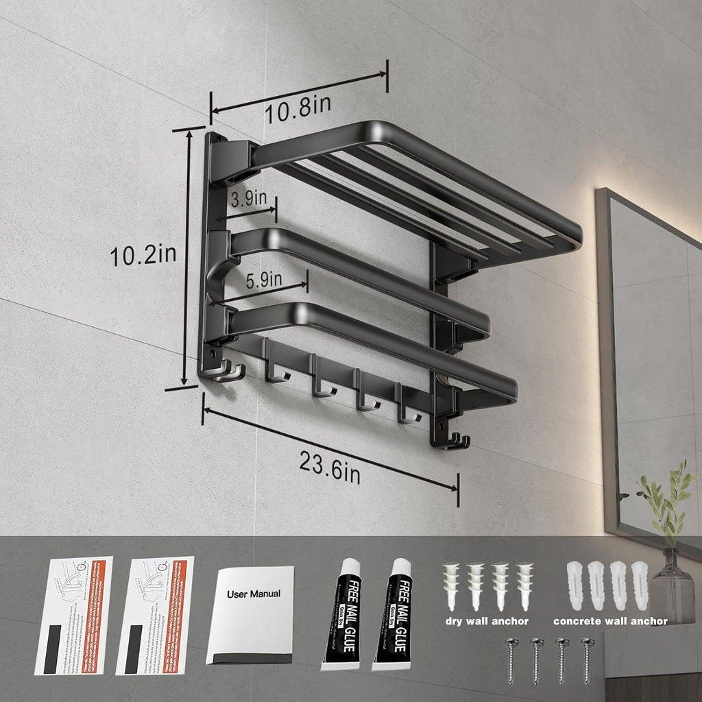 24-Inch Towel Rack,Bathroom Towel Shelf with 2 Towel Bar Foldable Towel Holder with 7 Hooks Towel Storage Organizer &