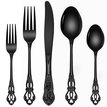 Black Flatware Set, 20 Pcs Retro Royal Black Silverware Set for 4 with Mirror Polish Stainless Fork Spoons Knives