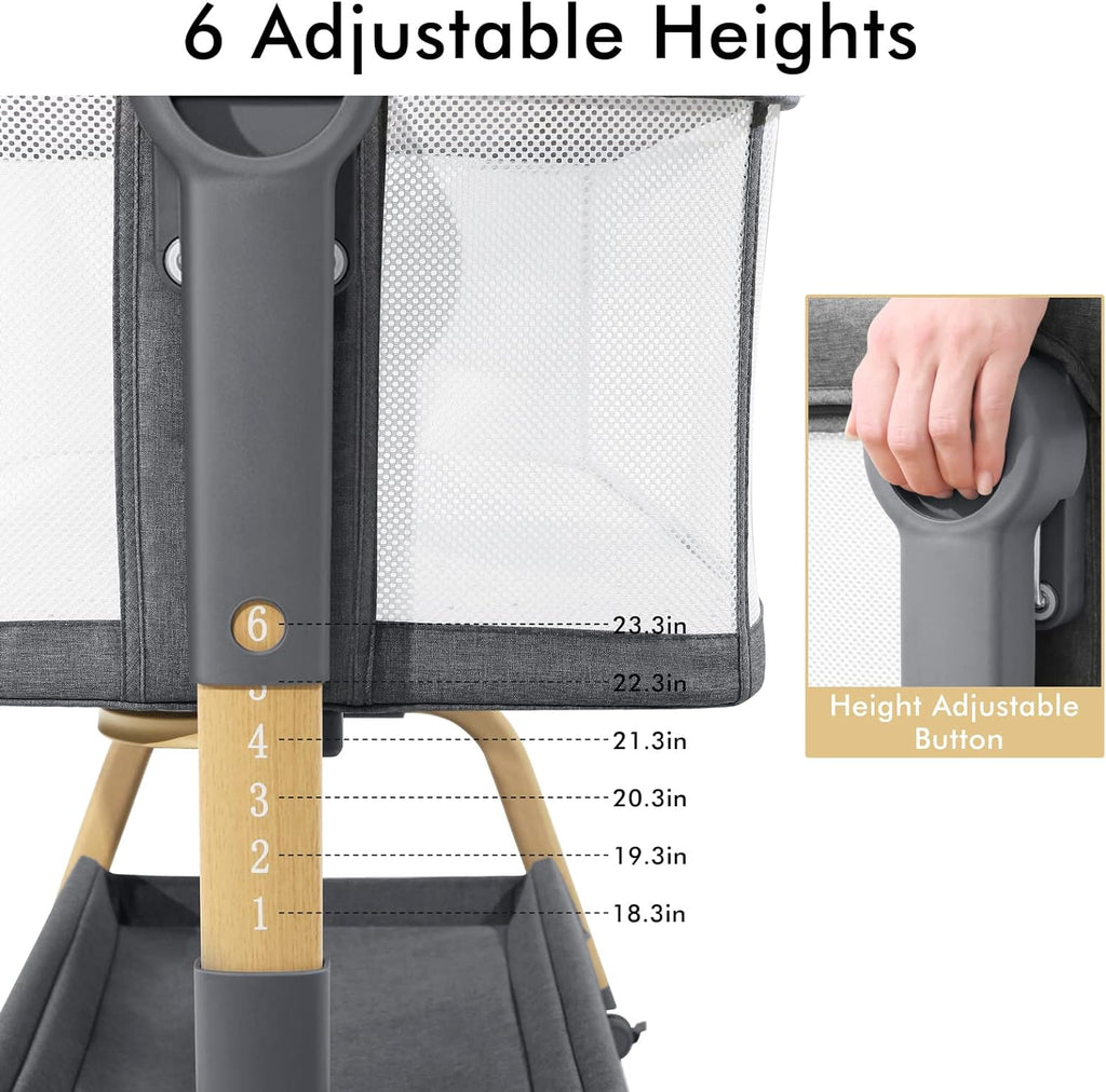 3 in 1 Baby Bassinet, Bedside Bassinet for Baby, Rocking Bassinet with Comfy Mattress and Wheels, 6 Height Adjustable