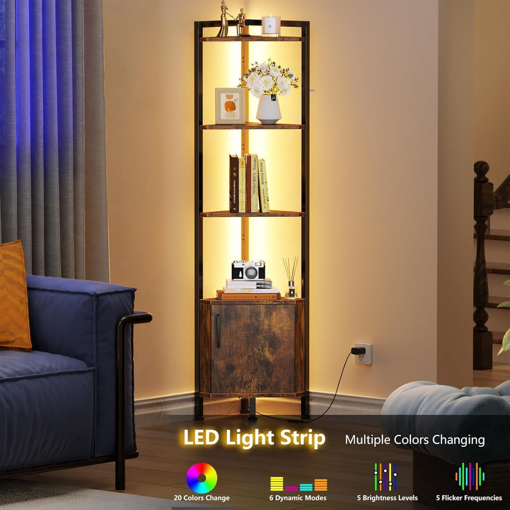 Corner Shelf Cabinet, Corner Bookshelf with Storage and LED Light