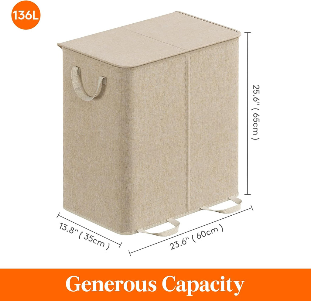 Double Laundry Hamper with Lid and Removable Laundry Bags, Large Collapsible 2 Dividers Dirty Clothes Basket with