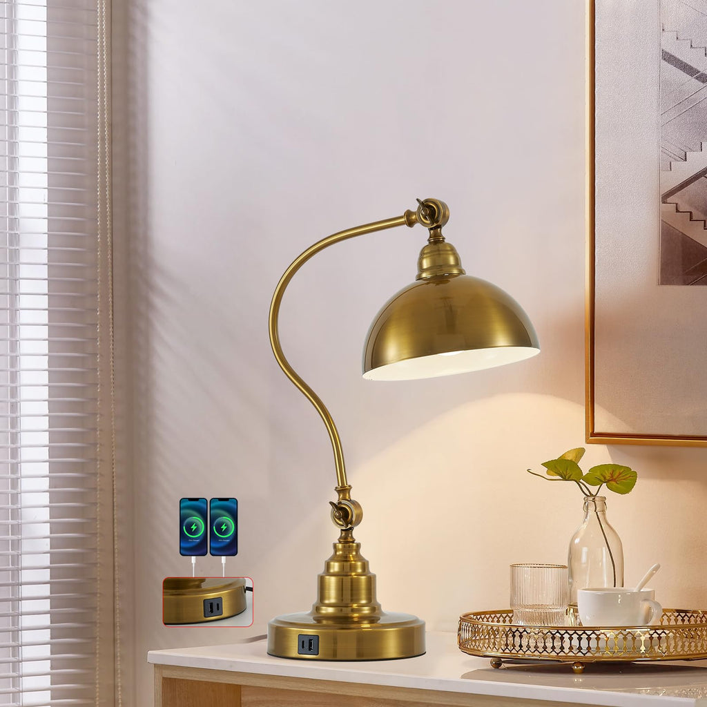 Dimmable Touch Control Antique Gold Desk Lamp with Swing Arm Charging Port