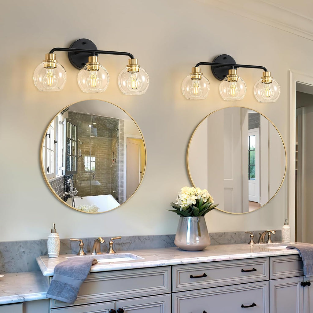 3 Light Bathroom Vanity Light, Black and Gold Bathroom Light Fixtures | with Clear Glass Shade Modern Wall Sconces