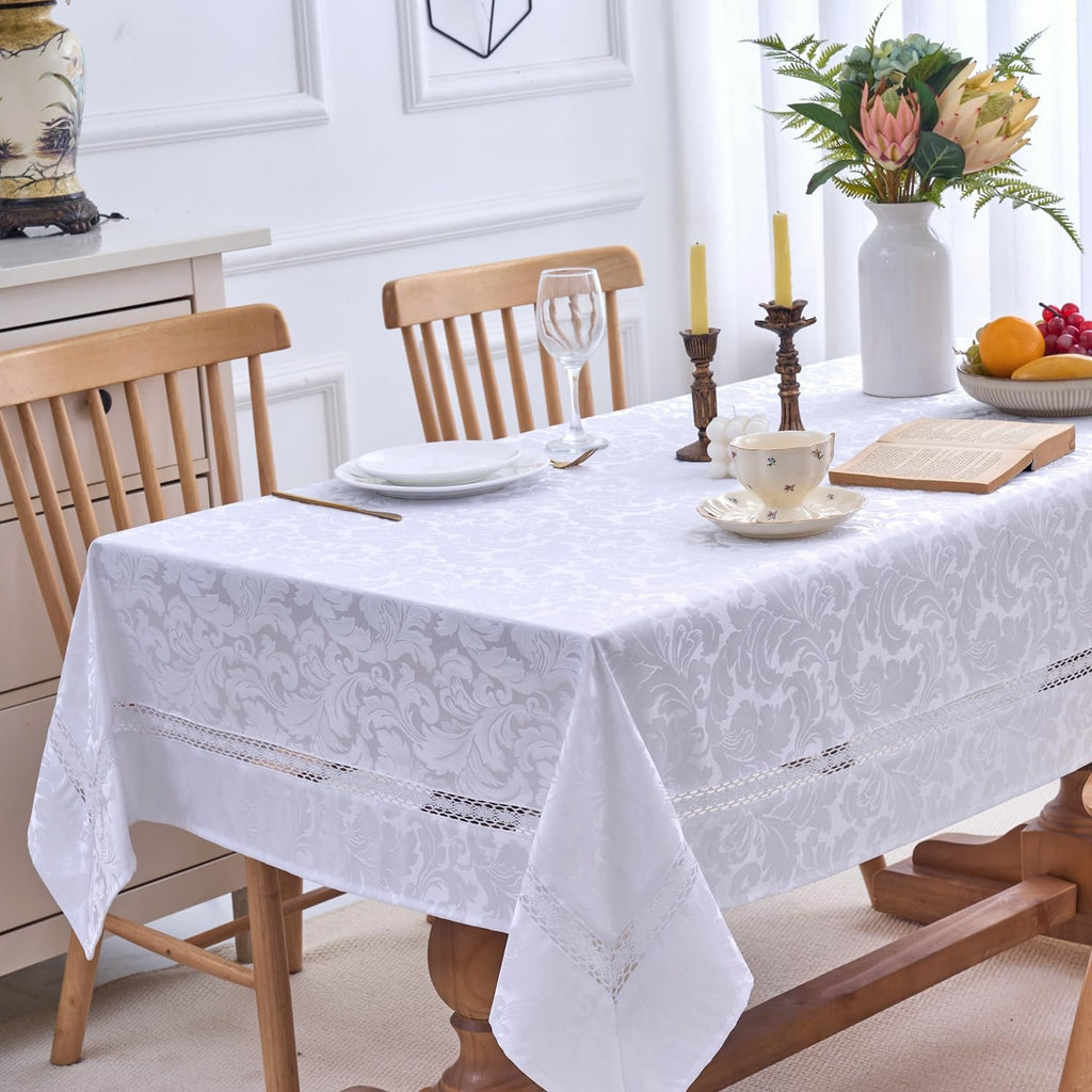 Heavy Duty Fabric Tablecloth with White Lace-Waterproof/Wrinkle Free/Stain Resistant/Oil Proof