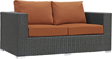 Sojourn Wicker Rattan Outdoor Patio Sunbrella Fabric Loveseat in Canvas Tuscan