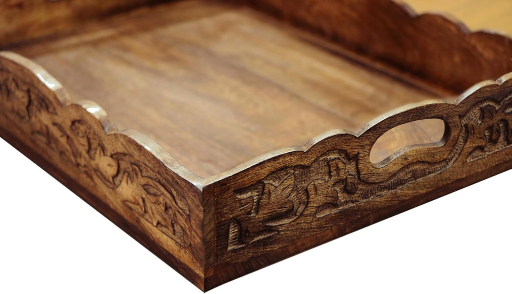Hand Carved Wooden Serving Tray - Decorative Breakfast Tray with Handles - Rustic Wooden Food Tray with Intricate