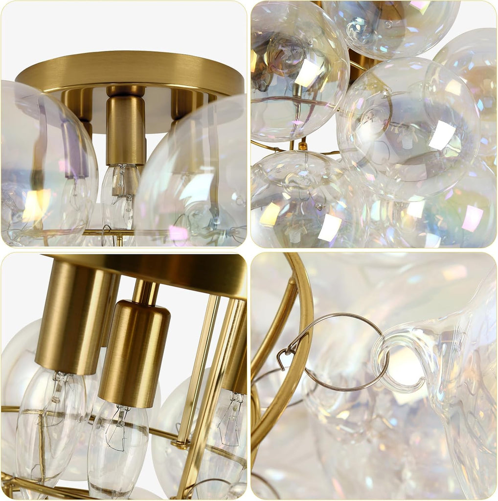 Bubble Glass Flush Mount Ceiling Light Mid Century Modern Gold Chandelier | Dimmable Bubble Lighting Fixture with 17