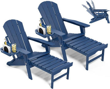 Adjustable Adirondack Chair Set of 2 with Retractable Ottoman | Folding HDPE Chair with Multifunctional Cup Holder