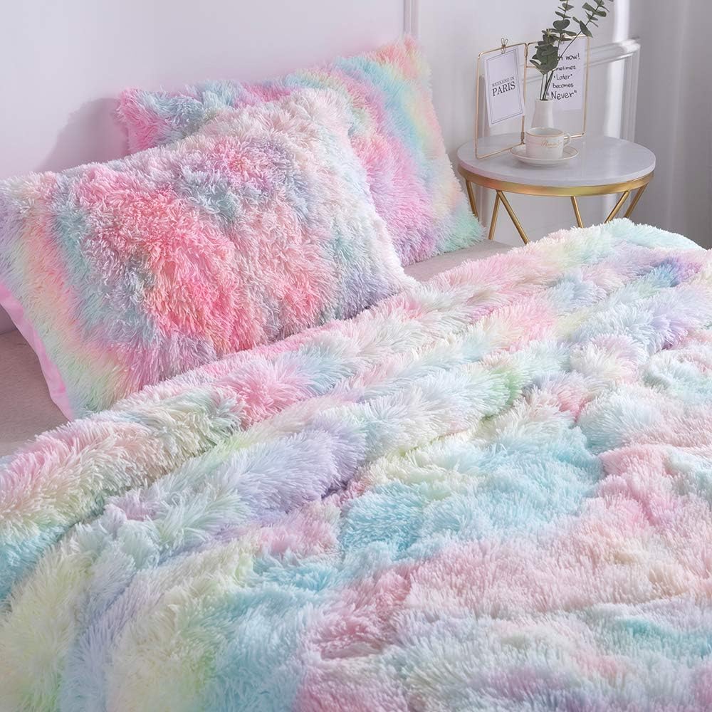 Faux Fur Plush Rainbow Comforter Set Fluffy Fuzzy Shaggy Bedding Set - 3PC Microfiber Soft Warm Quilt Set